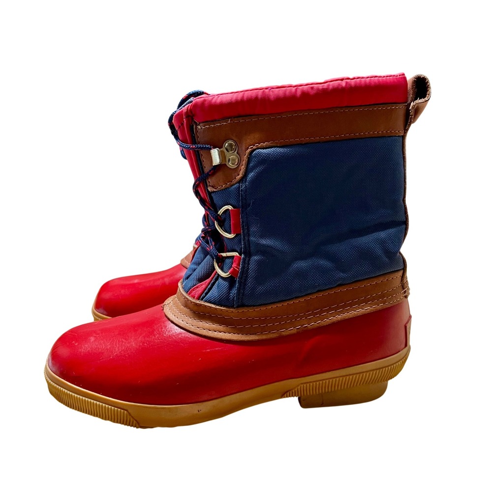 Lands End Vintage 80s Duck Boots Womens 8 Red Blue Leather Trim Shearling Lined